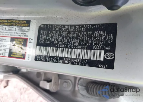 2012 Toyota Camry Se из США, поврежденный, VIN 4T1BF1FK1CU099118